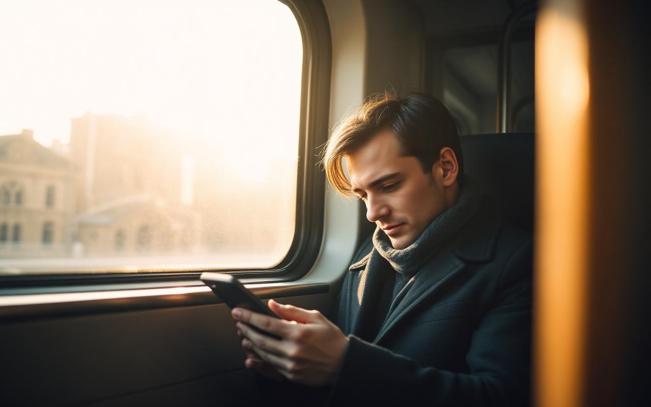 A commuter checking figures on a phone during a morning train journey