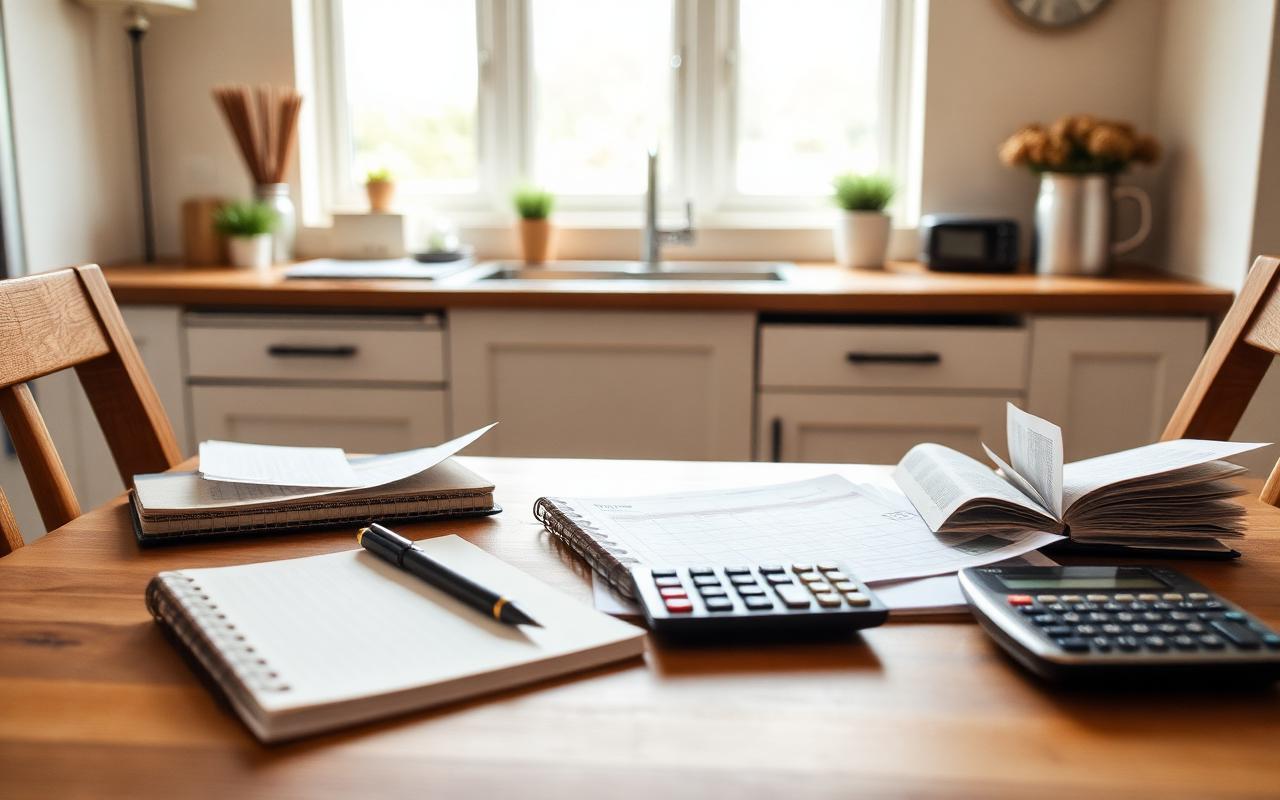 Bills, a notebook and a calculator on a kitchen table